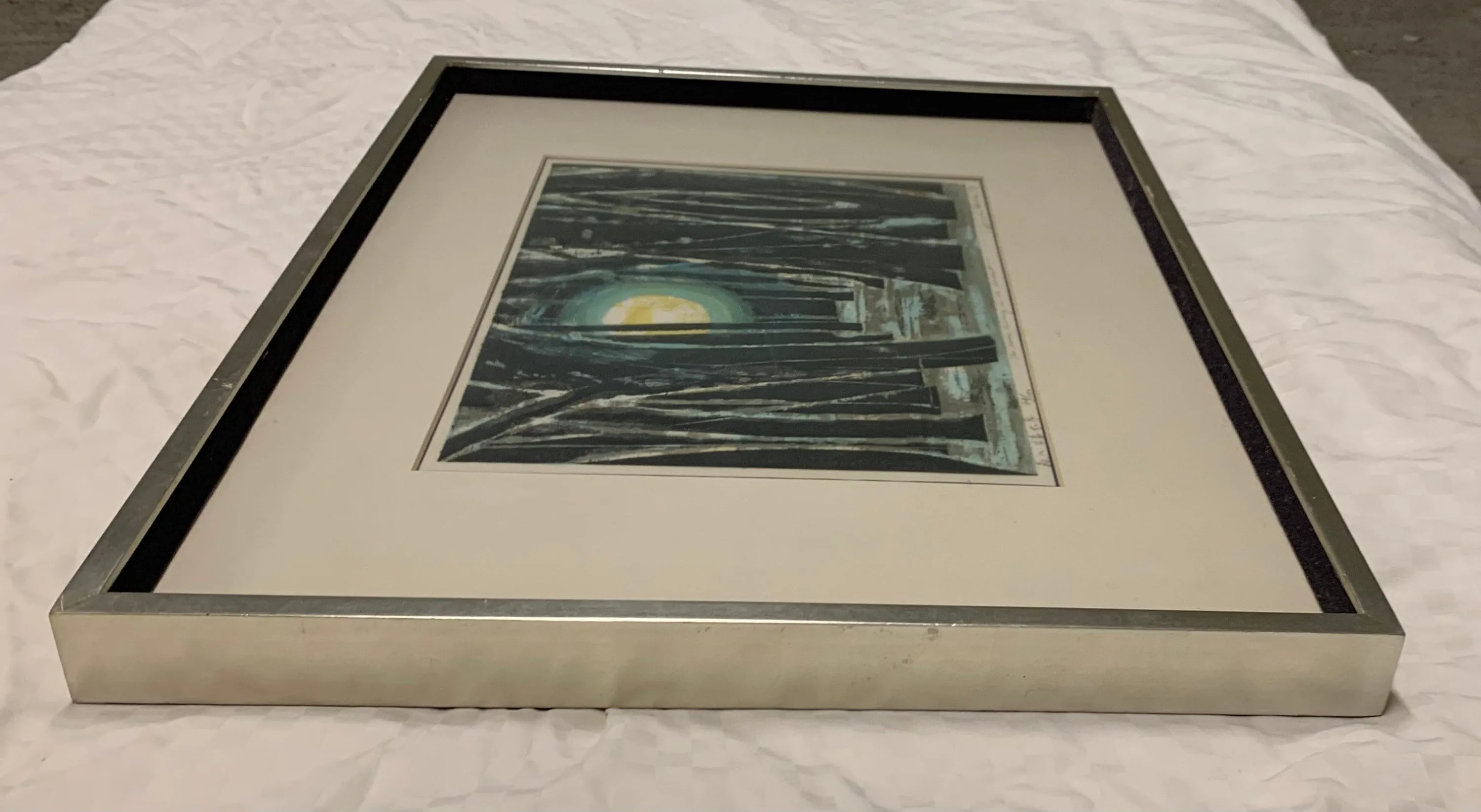 1970s Vintage Joichi Hoshi Color Woodblock in Stainless Steel Frame