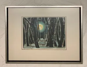 1970s Vintage Joichi Hoshi Color Woodblock in Stainless Steel Frame