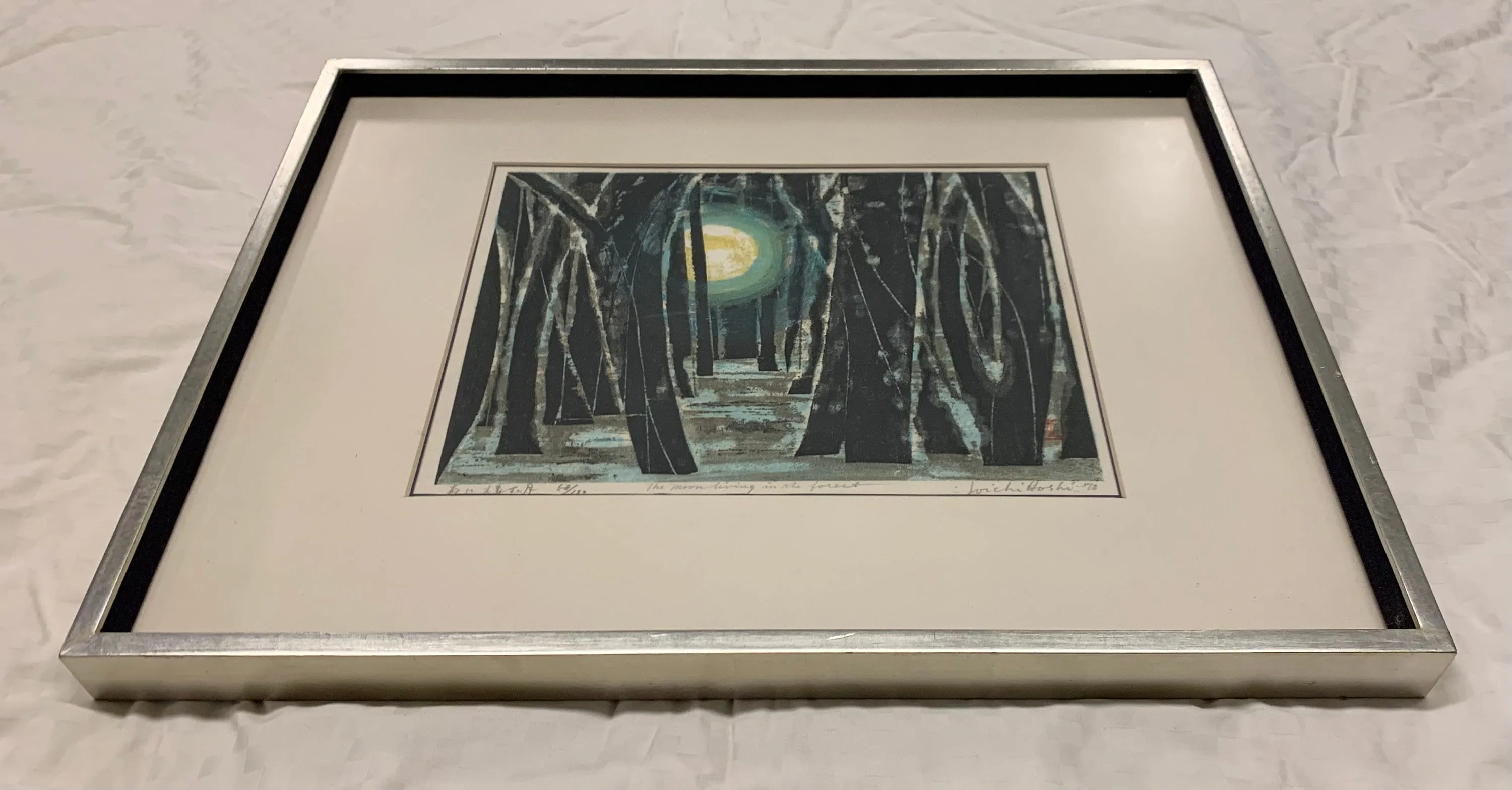 1970s Vintage Joichi Hoshi Color Woodblock in Stainless Steel Frame