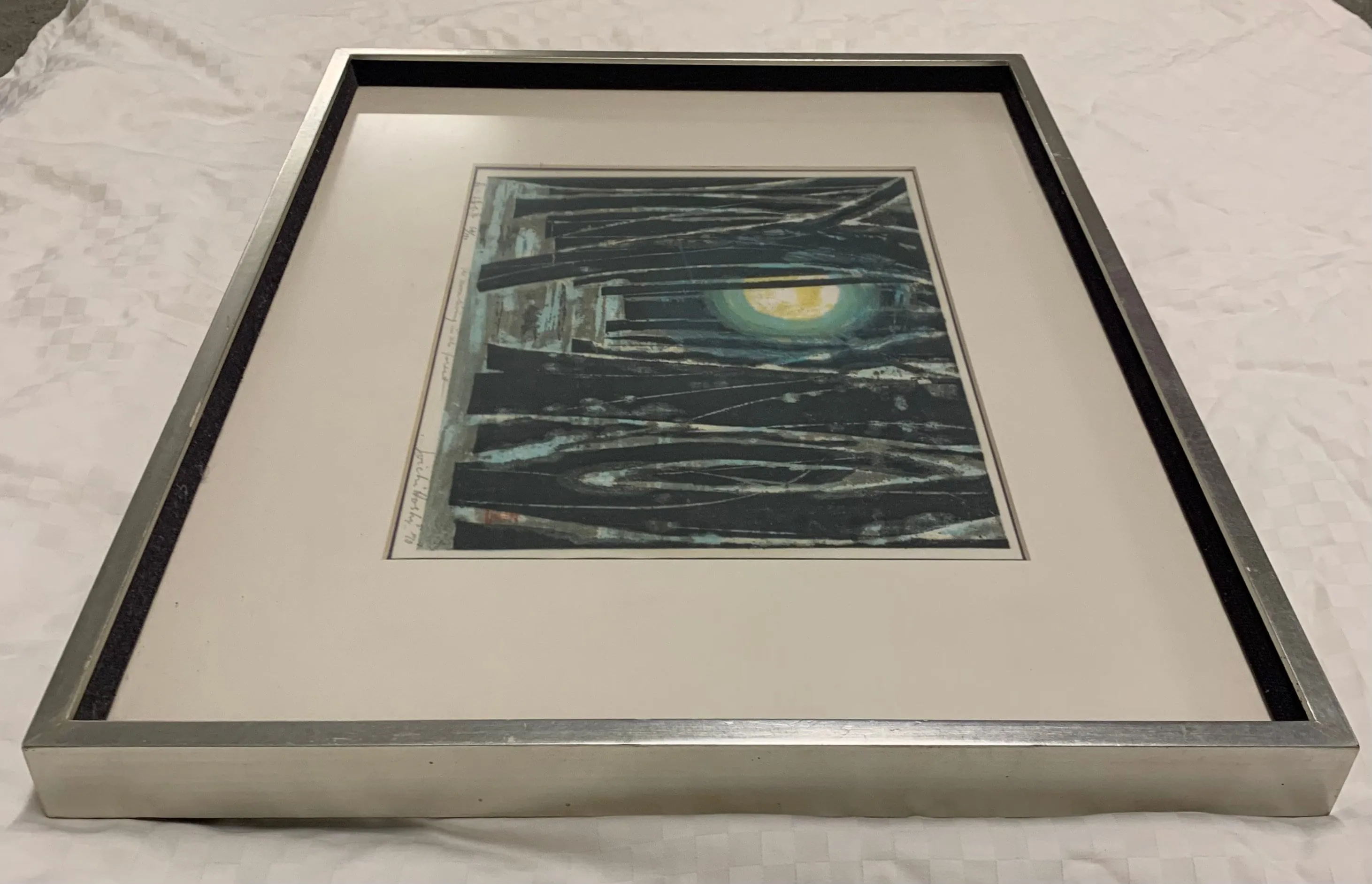 1970s Vintage Joichi Hoshi Color Woodblock in Stainless Steel Frame