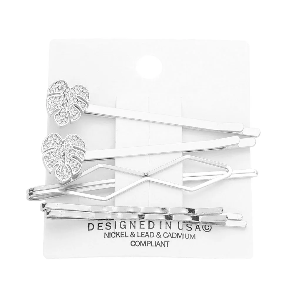 5PCS Stone Embellished Tropical Leaf Bobby Pin Hair Clips