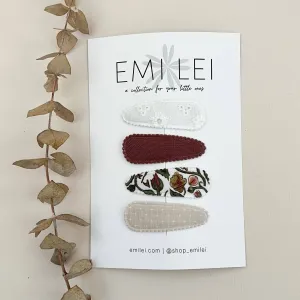 Emi Lei - Fabric Hair Clip Snap Barrettes (4) - Cranberry Tan Floral