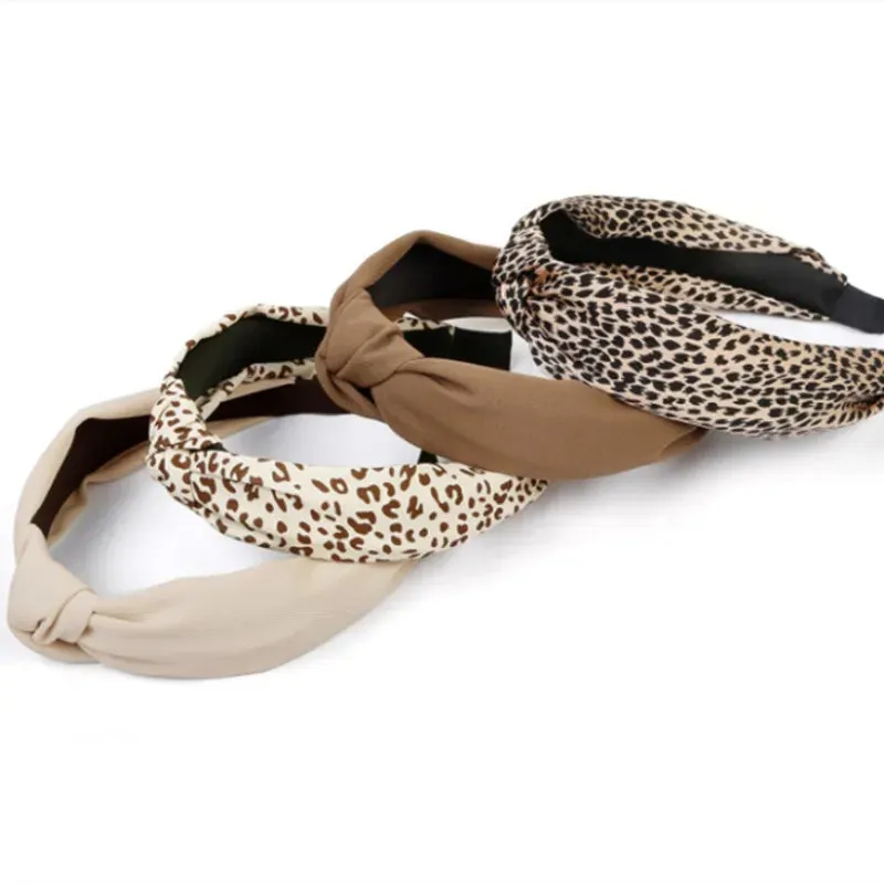 Leopard Print Cloth Knot Headbands Simple Solid Twill Fabric Knot Hairbands for Female Headpiece