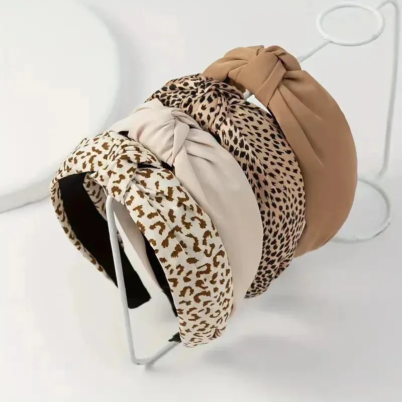 Leopard Print Cloth Knot Headbands Simple Solid Twill Fabric Knot Hairbands for Female Headpiece