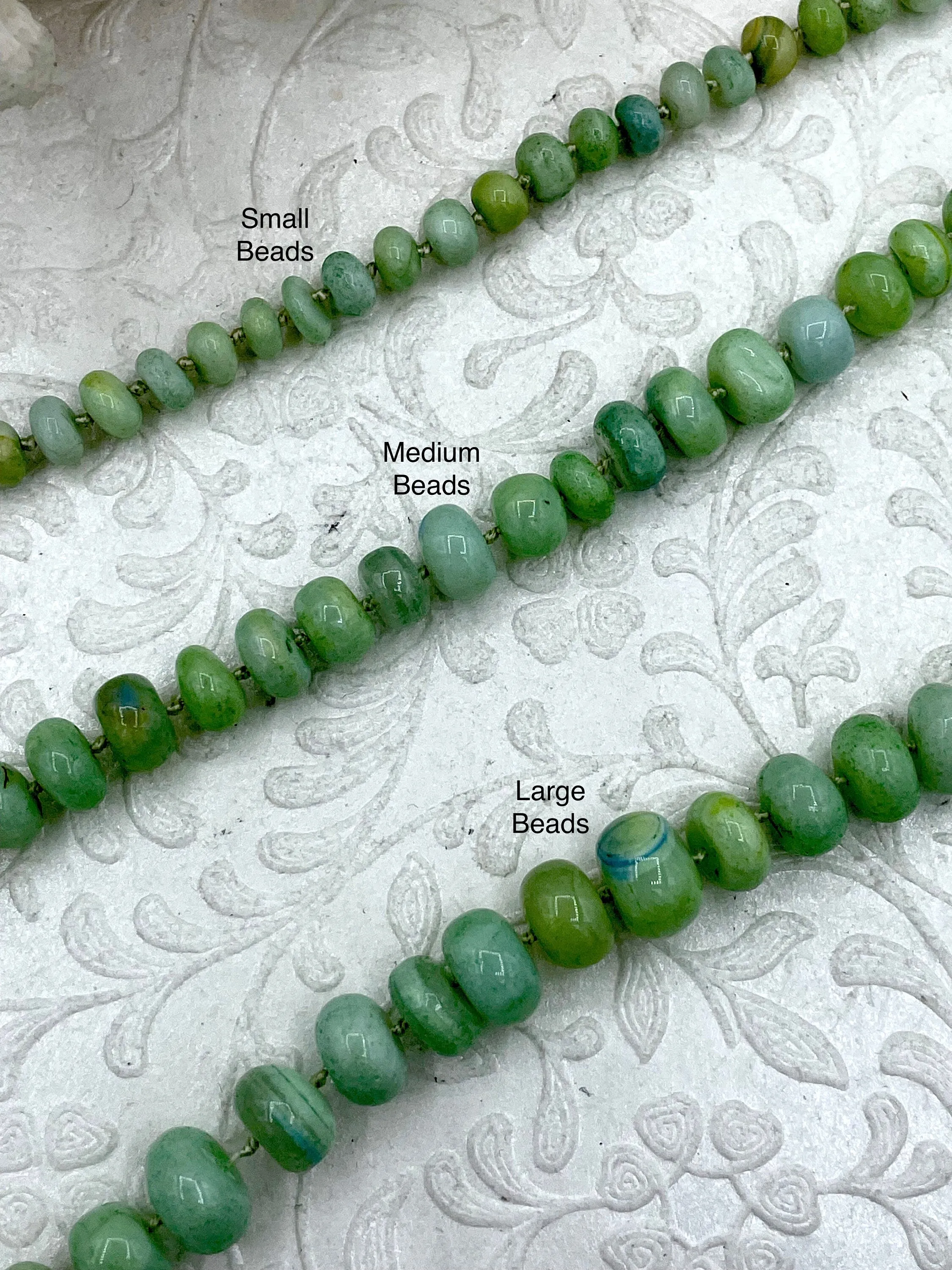 Peruvian Green Mixed Opal Hand Knotted  Necklace, 16" Long, Small, Med, Large Rondelle Stones w/Gold Finished Ends,Candy Necklace, Fast Ship